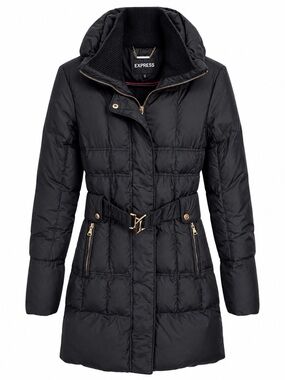 Express Black Quilted Belted Puffer Coat with Gold Hardware